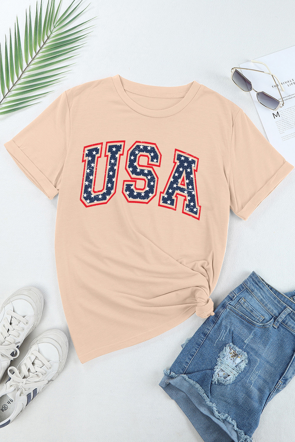 Gray Blooming USA Flag Print Casual T Shirt - loveforevers
