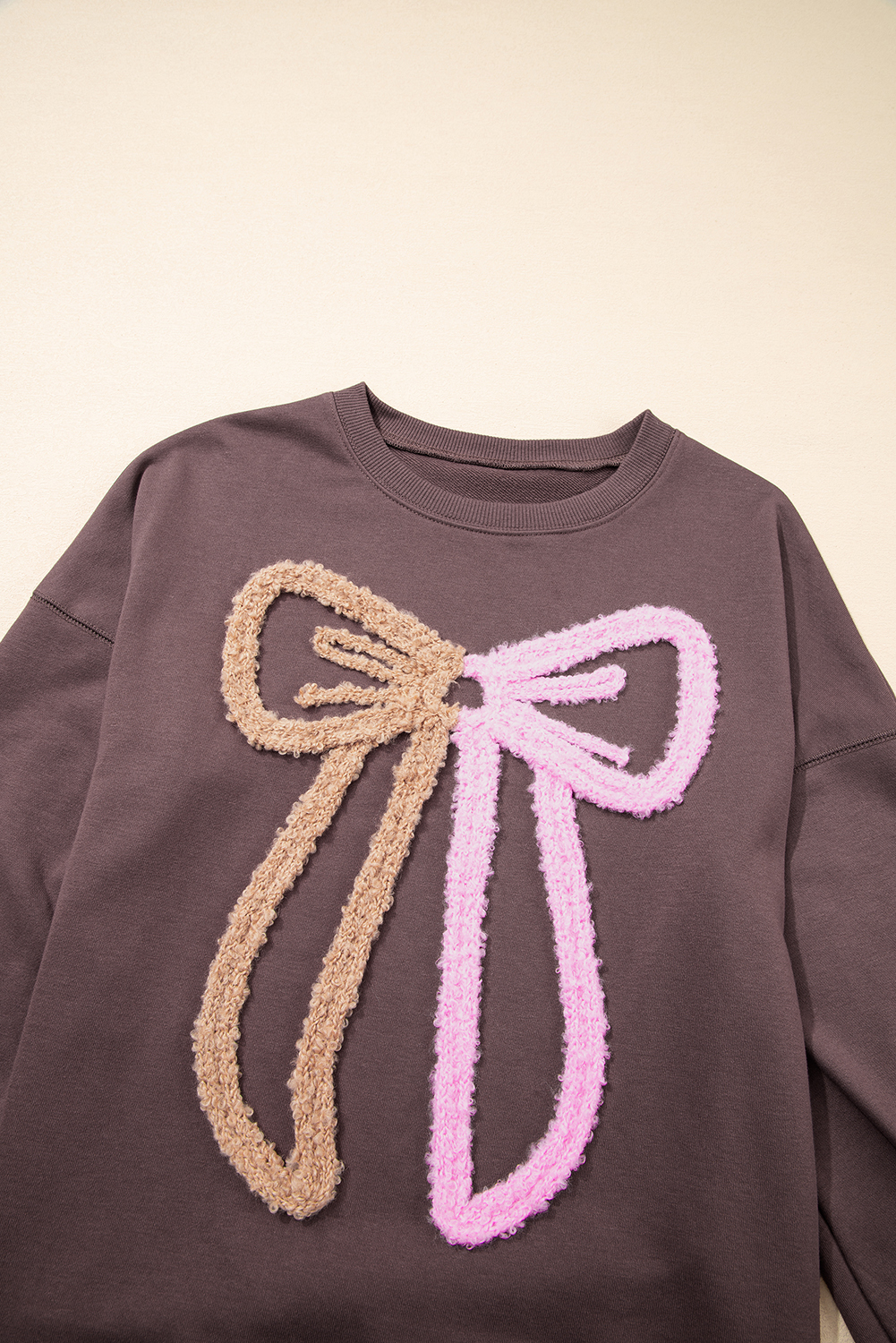 Dark Khaki Contrast Terry Bow Pattern Drop Shoulder Sweatshirt - loveforevers