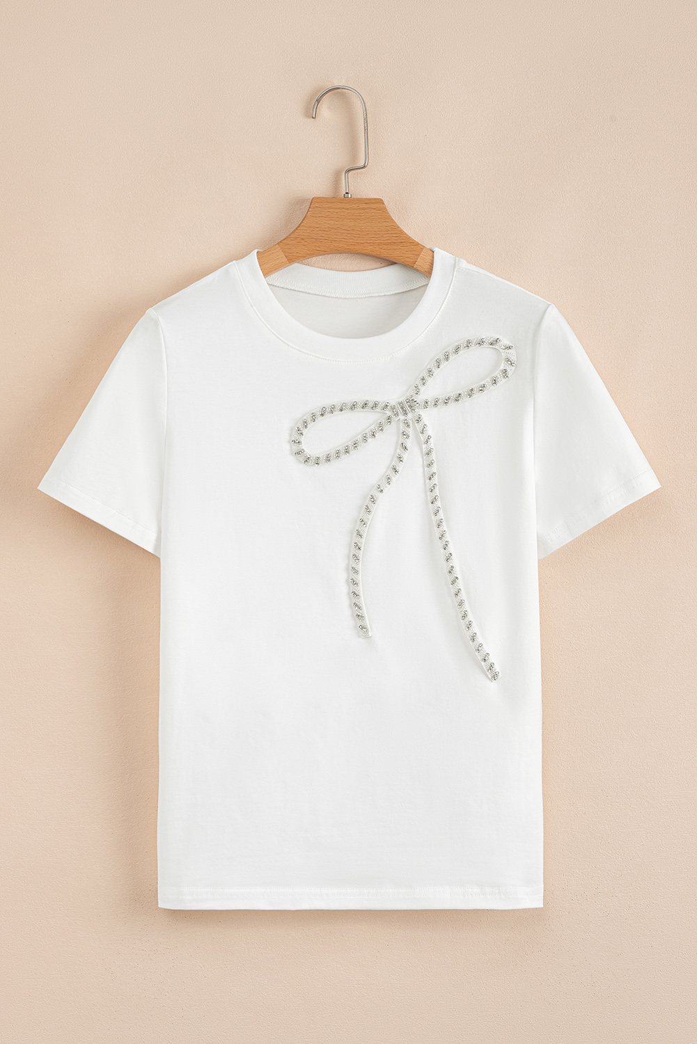 White Rhinestone Bow Embellished Round Neck Tee - loveforevers