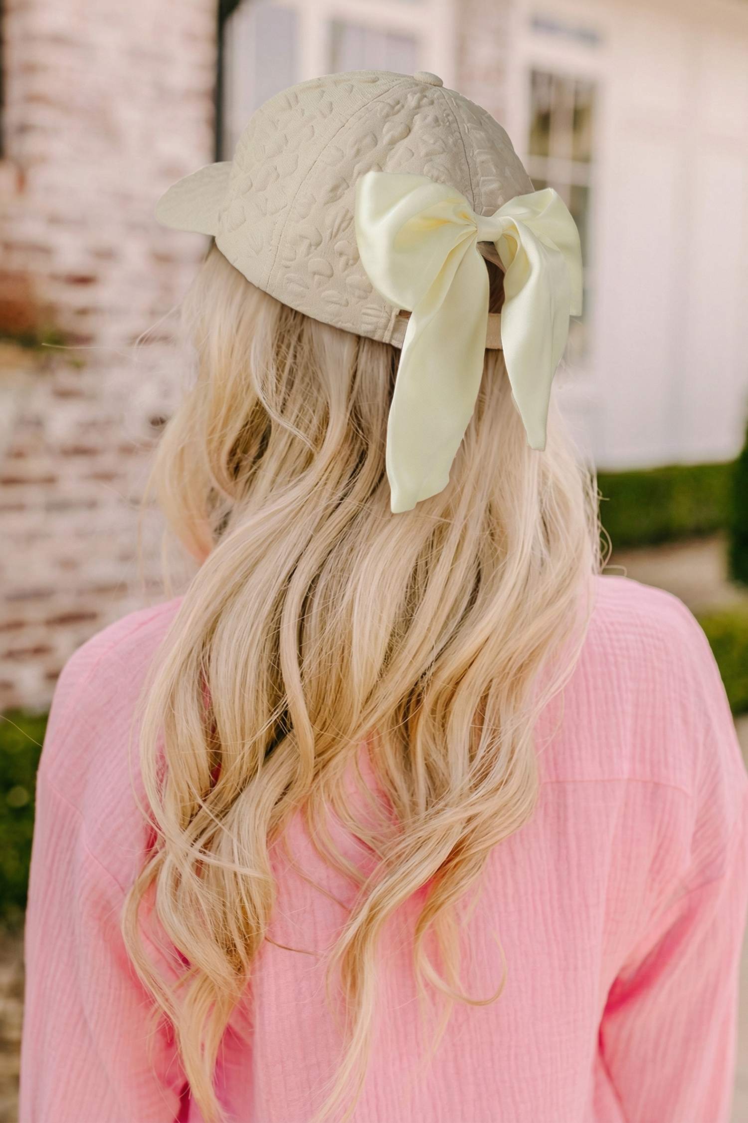 White Ribbon Bow Detail Textured Baseball Cap - loveforevers