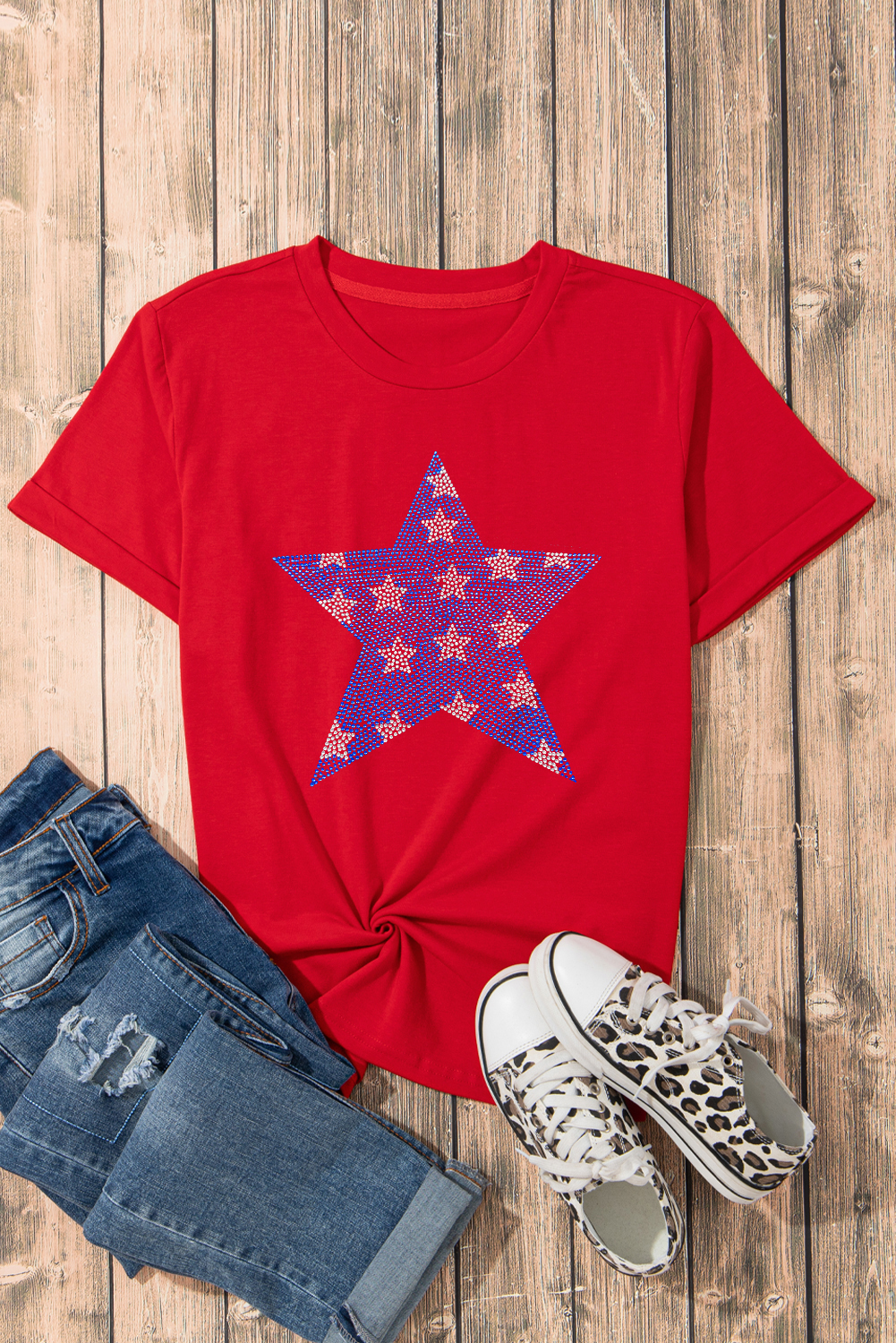 Red Rhinestone Star Pattern Independent Day T Shirt - loveforevers