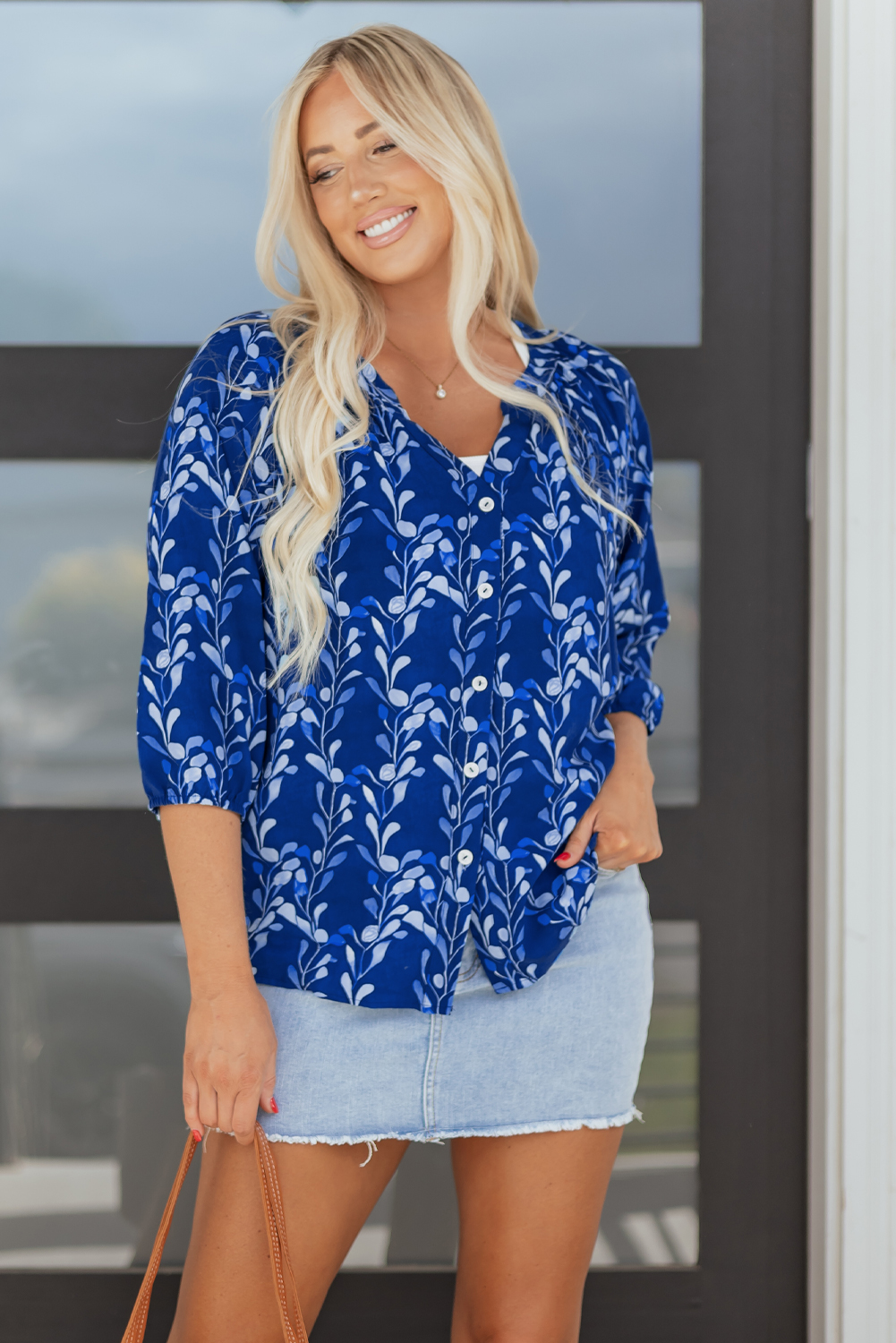 Blue Botanical Print Bracelet Sleeve Notched Neck Blouse - loveforevers
