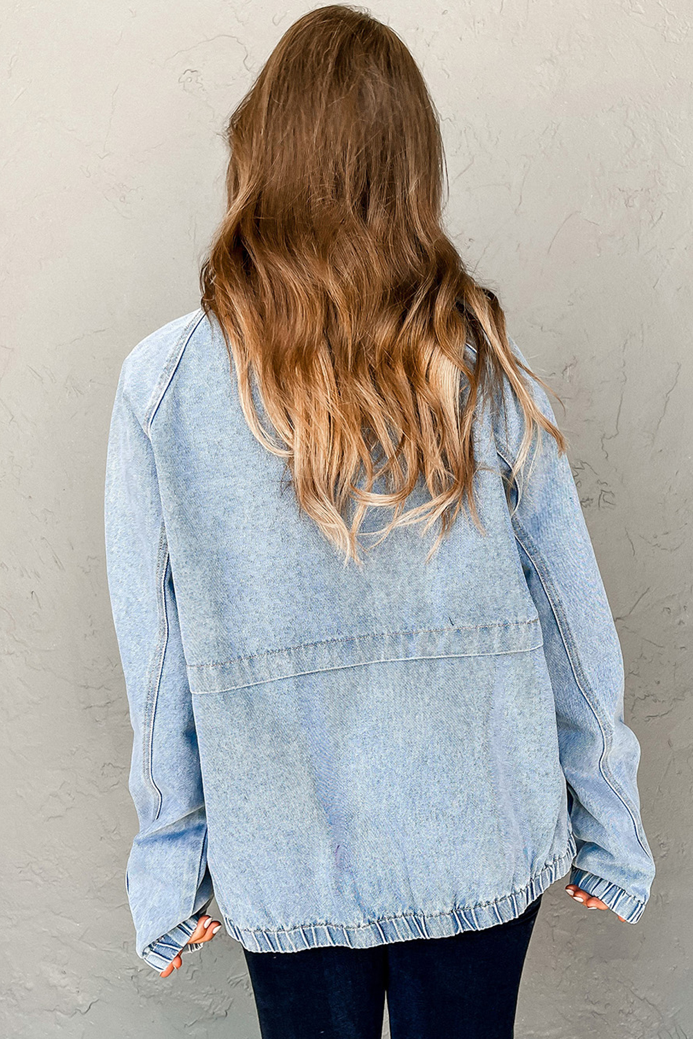 Myosotis Elastic Edge Collared Zip Up Denim Jacket With Pocket - loveforevers
