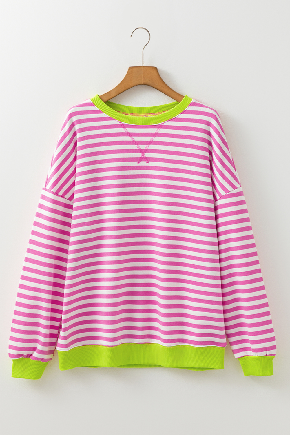 Red Stripe Contrast Ribbed Trim Crossed Stitch Drop Shoulder Sweatshirt - loveforevers