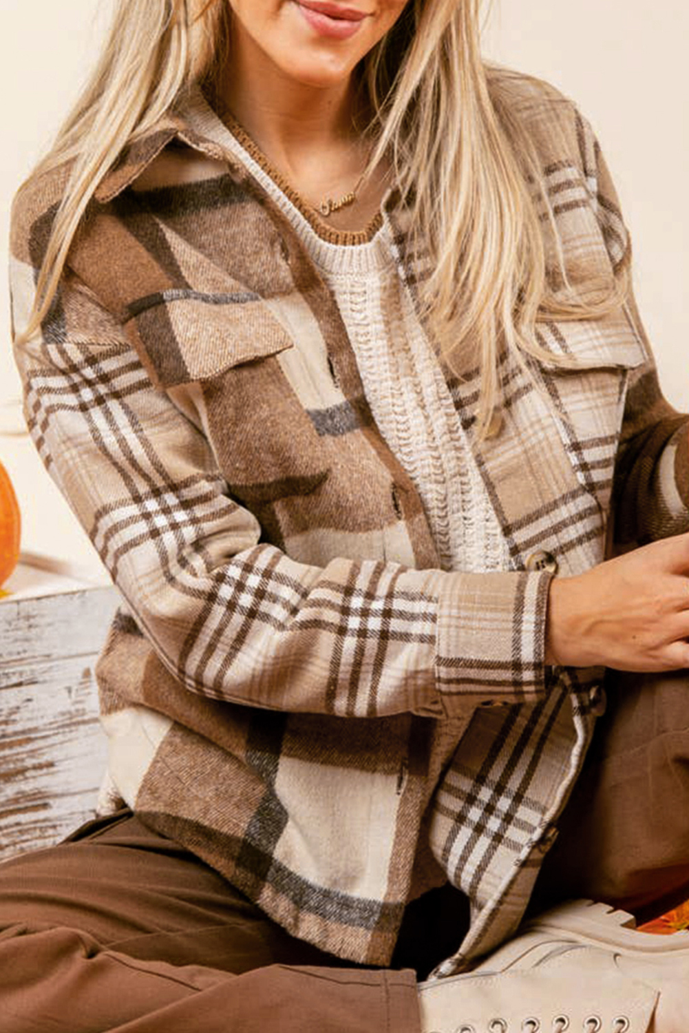 Light French Beige Flannel Plaid Double Flap Pocket Shacket - loveforevers