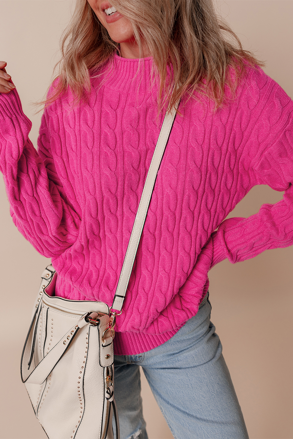 Rose Red Solid Cable Knit High Neck Drop Shoulder Sweater - loveforevers