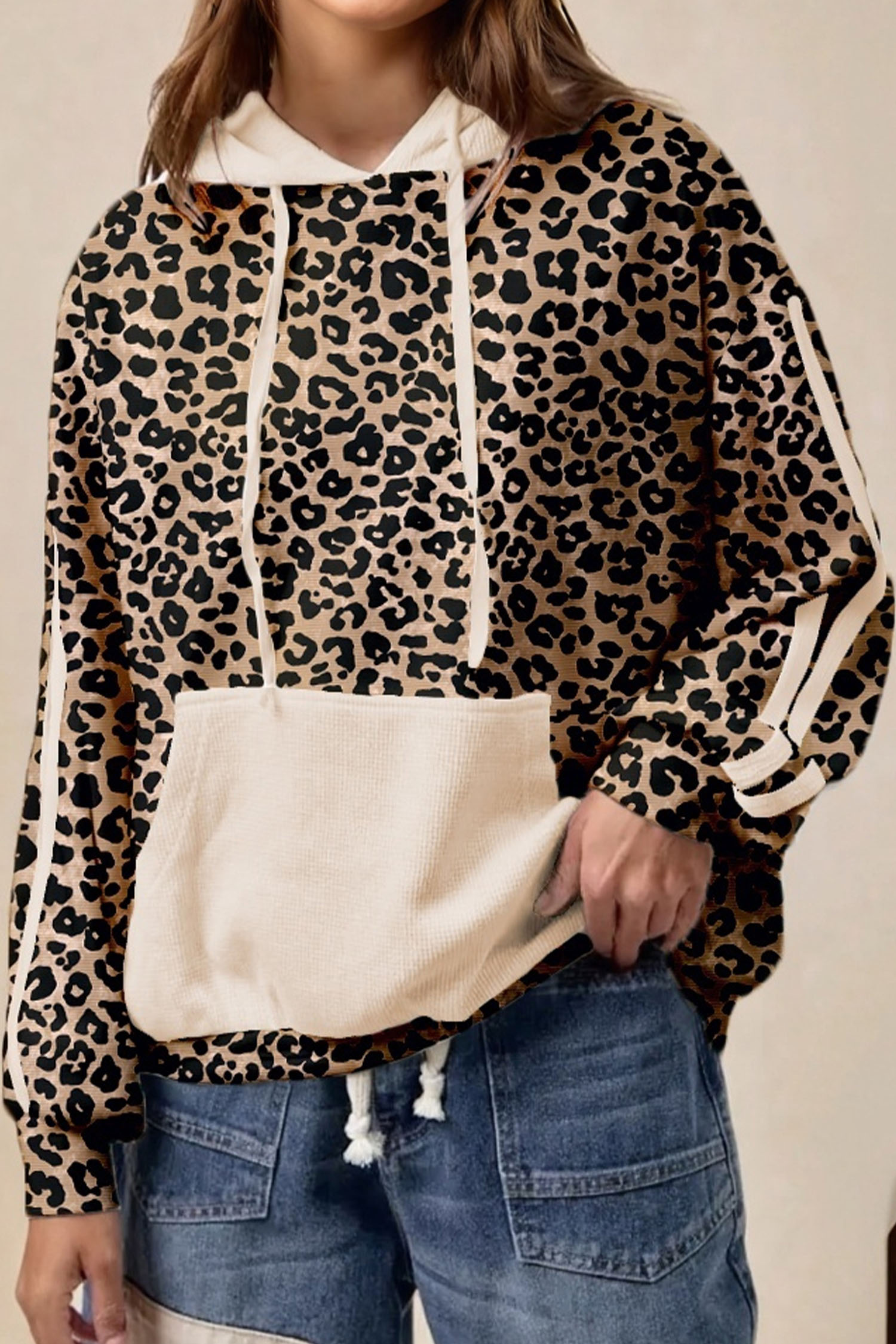 Leopard Print Waffle Contrast Kangaroo Pocket Hooded Sweatshirt - loveforevers