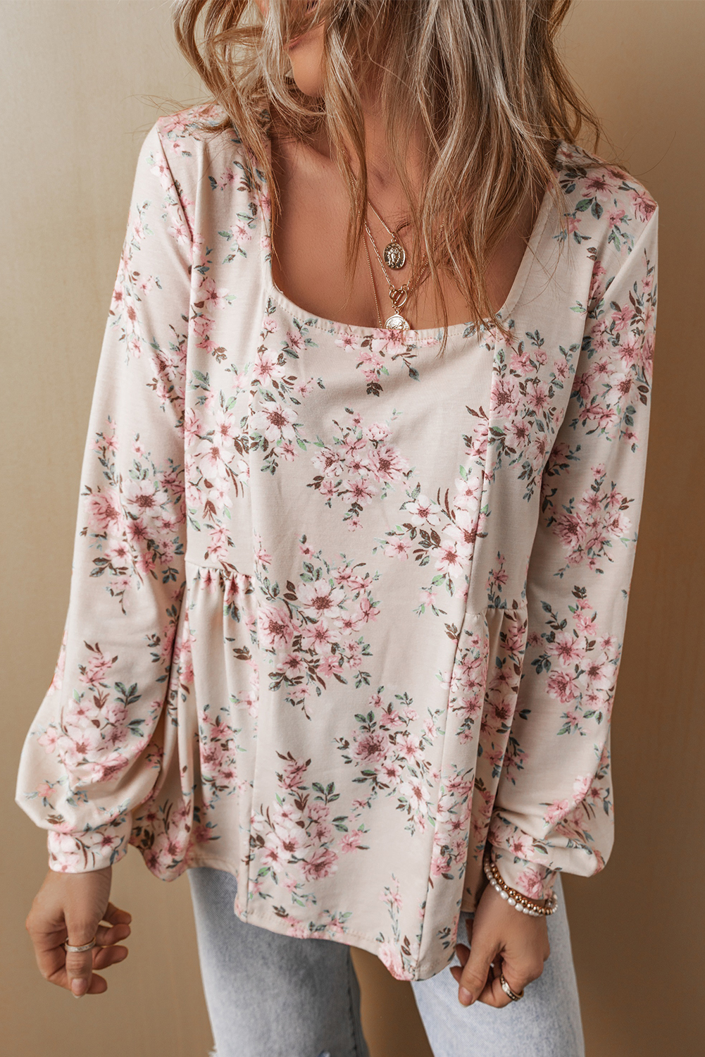 Pink Floral Print Pleated U Neck Loose Fit Blouse - loveforevers