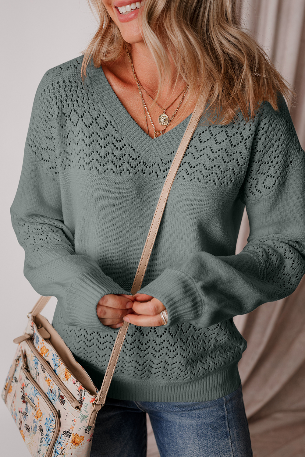 Sky Blue Eyelet Pattern Detail V Neck Drop Shoulder Sweater - loveforevers