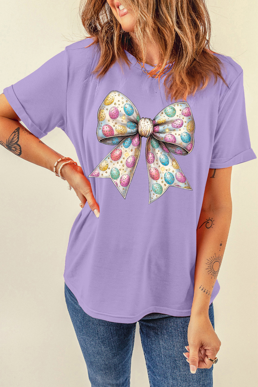 Wisteria Celebrative Easter Eggs Bow Print Casual T Shirt - loveforevers