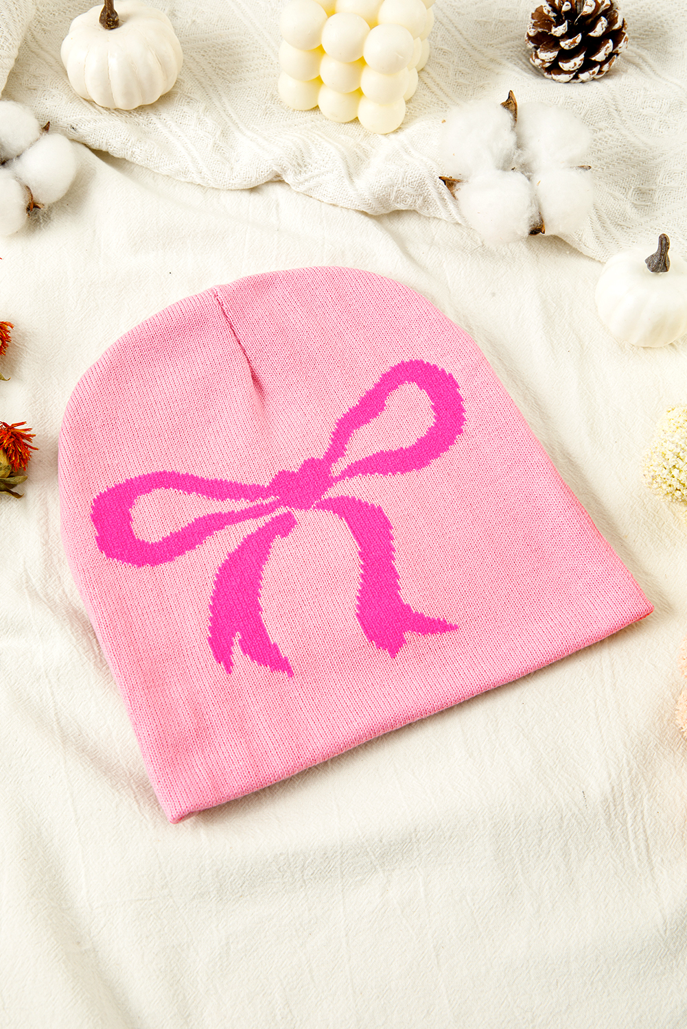 Pink Ribbon Bow Print Soft Knit Beanie - loveforevers