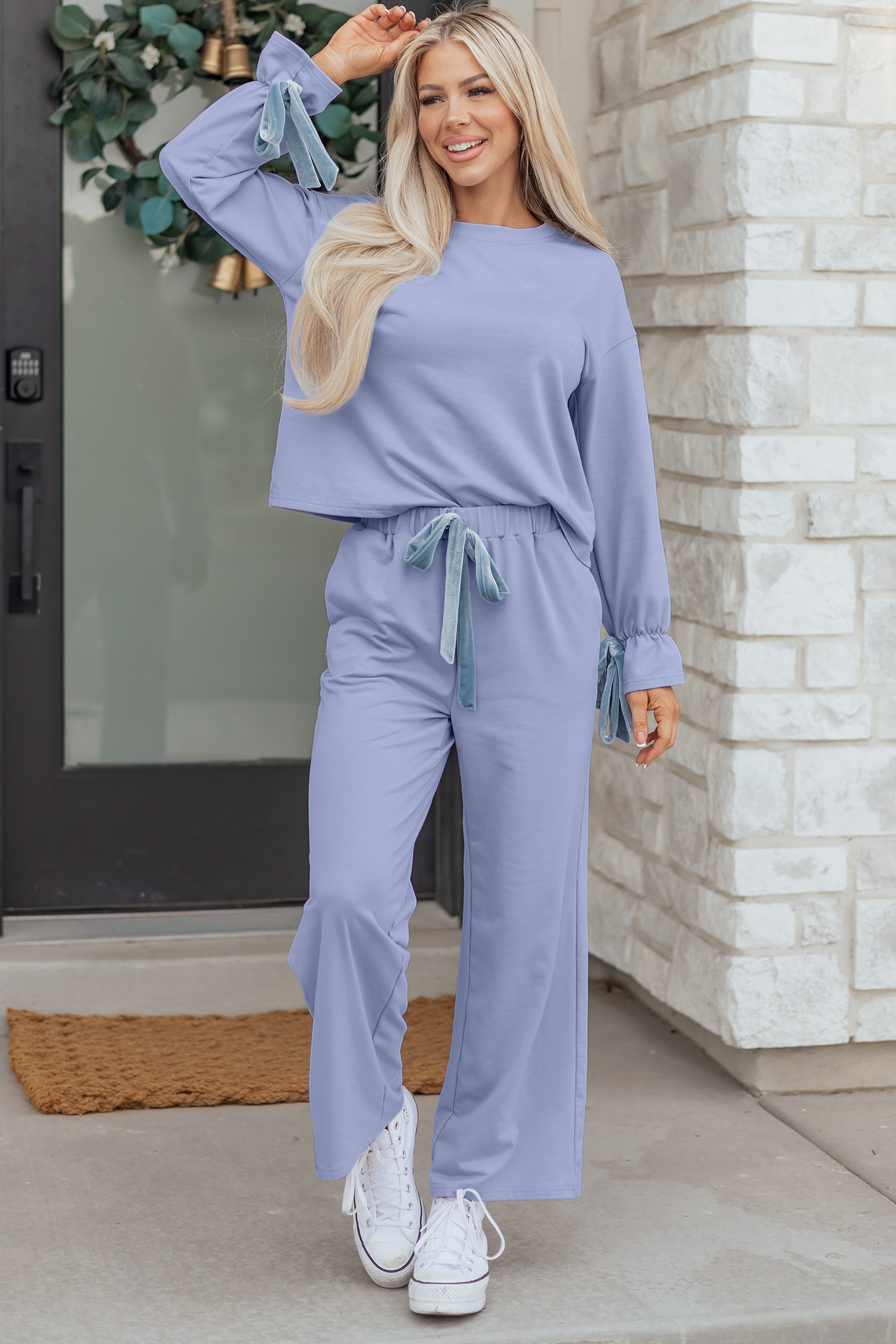 Beau Blue Flounce Long Sleeve Top Drawstring Pants Contrast Velvet Bow Knot 2pcs Lounge Set - loveforevers
