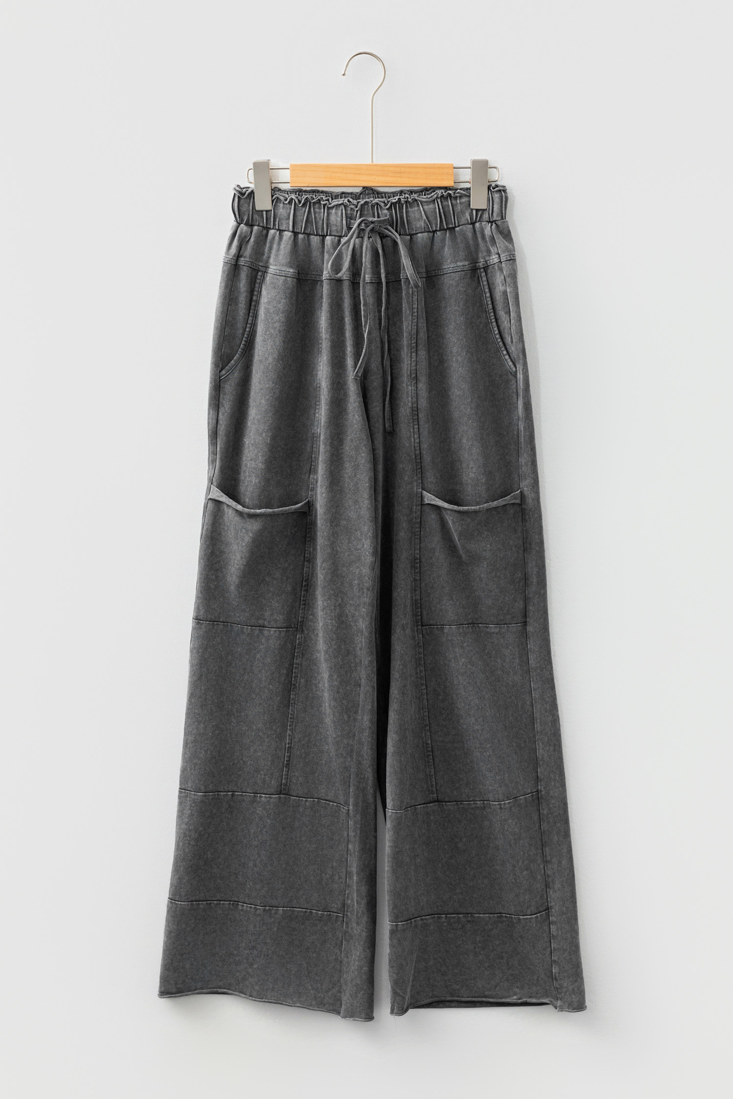 Lapis Mineral Wash Lace-up High Waist Raw Hem Patched Pocket Pants - loveforevers