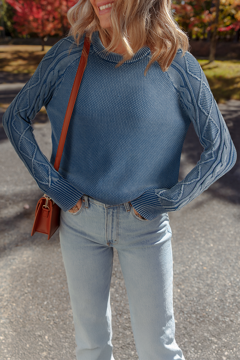 Dark Brown Contrast Cable Knit Sleeve Casual Sweater - loveforevers