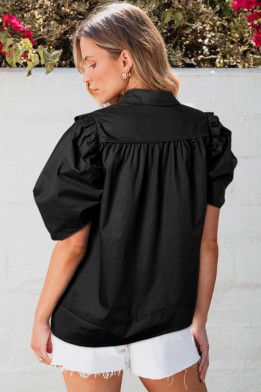 Black Crisp Puff Sleeve Loose Shirt - loveforevers