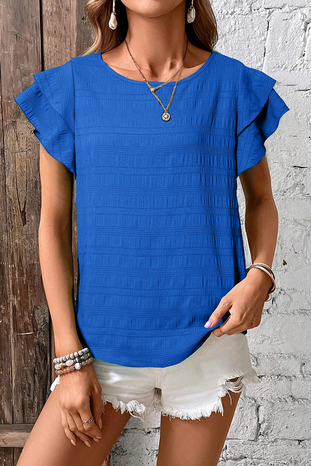 Dark Green Textured Ruffled Sleeve Round Neck Top - loveforevers