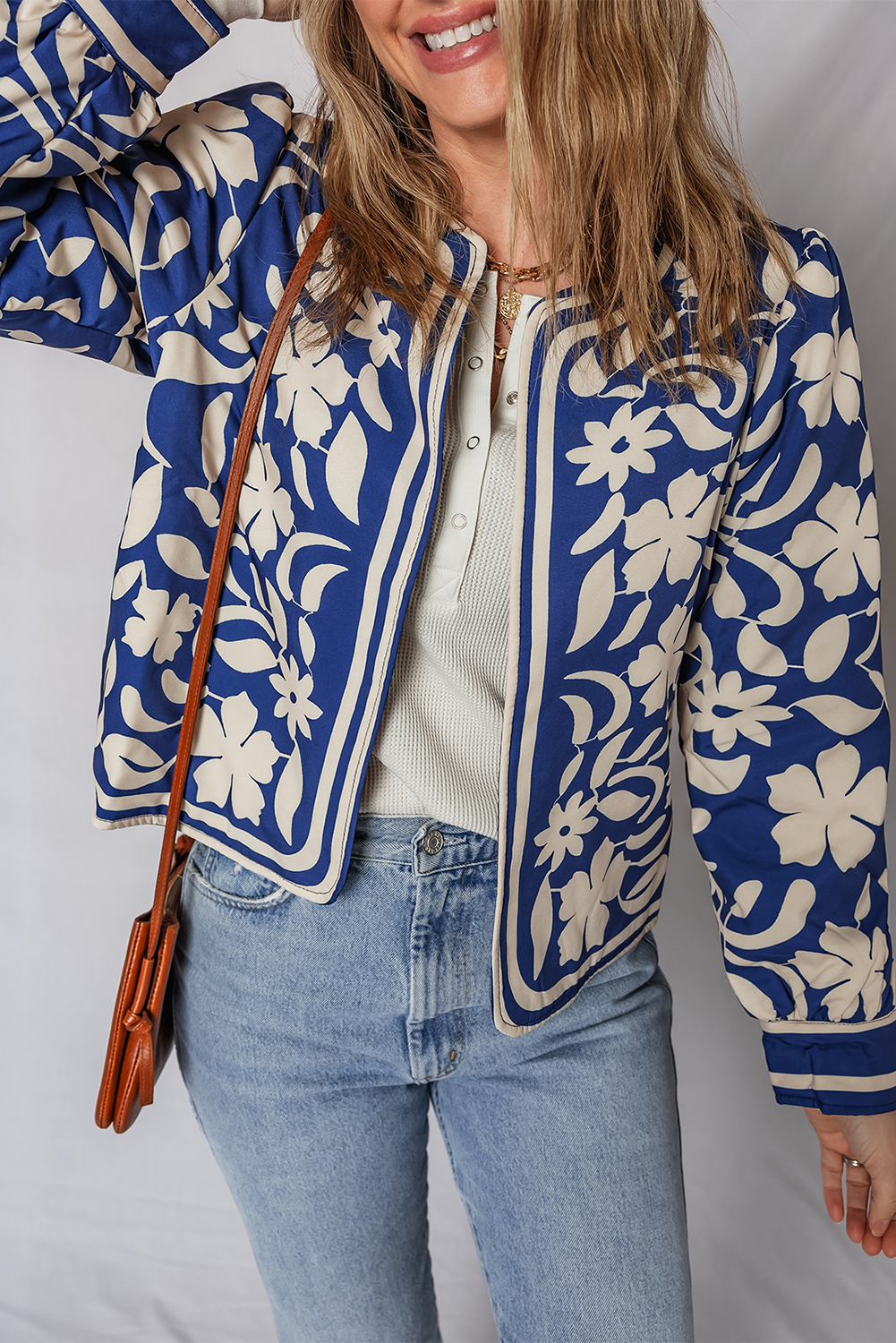 Blue Flower Print Open Front Buttoned Cuffs Elegant Jacket - loveforevers