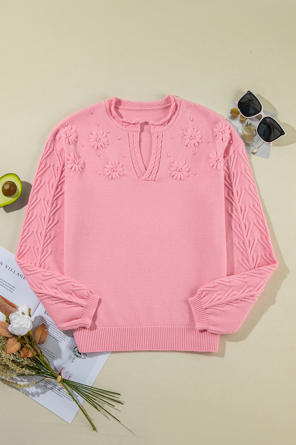 Beau Blue Flower Detail Knitted Notched Neck Sweater - loveforevers