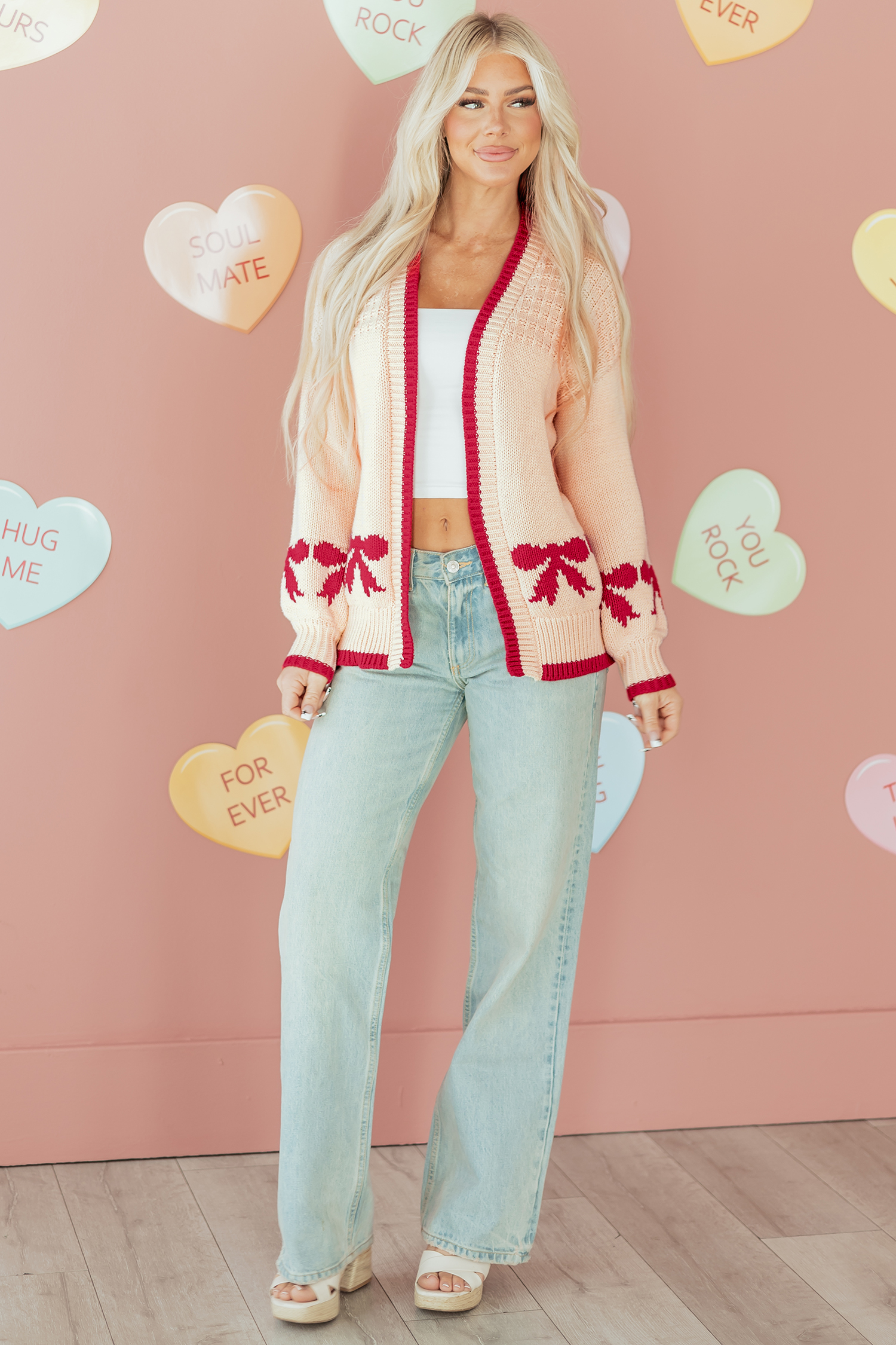 Apricot Bow Pattern Textured Open Front Baggy Cardigan - loveforevers