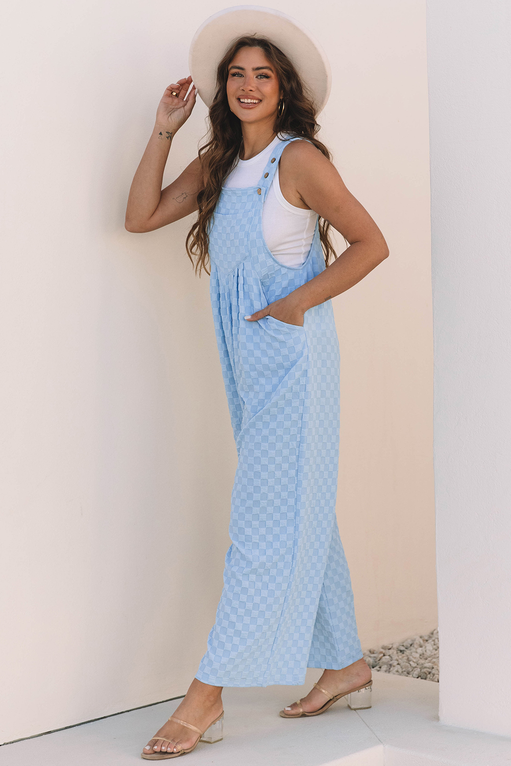 Beau Blue Checkered Pocketed High Waist Wide Leg Overall - loveforevers