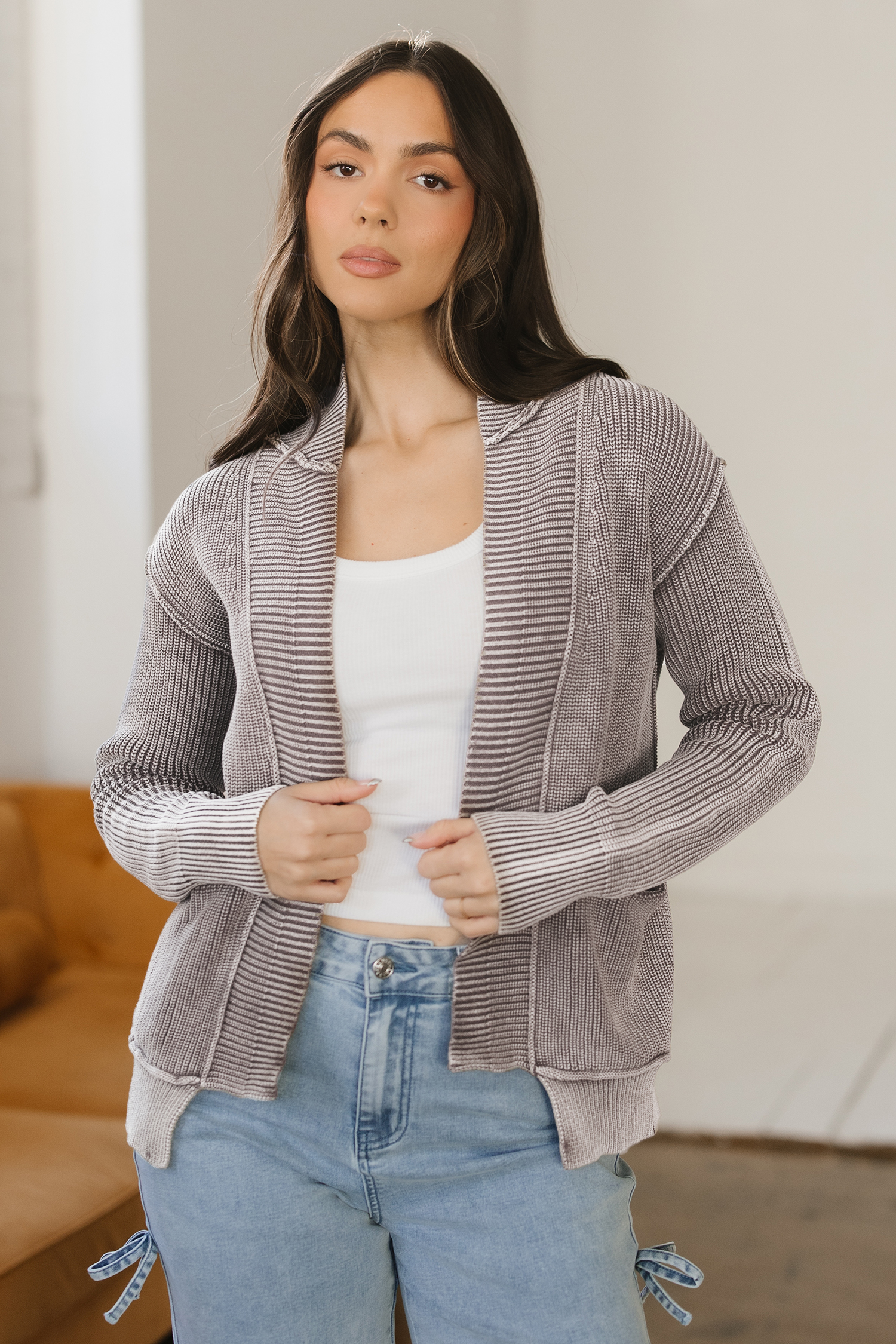 Dark Brown Mineral Wash Exposed Seam Patchwork Knit Open Sweater Cardigan - loveforevers
