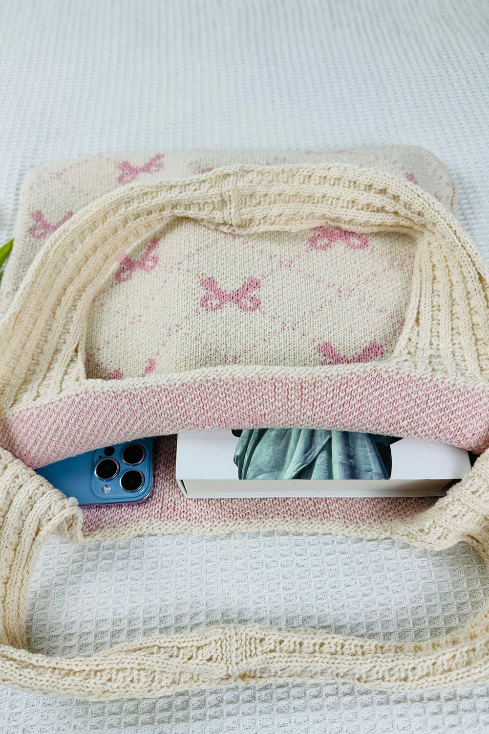 Beige Sweet Bowknot Textured Strap Knit Shoulder Bag - loveforevers