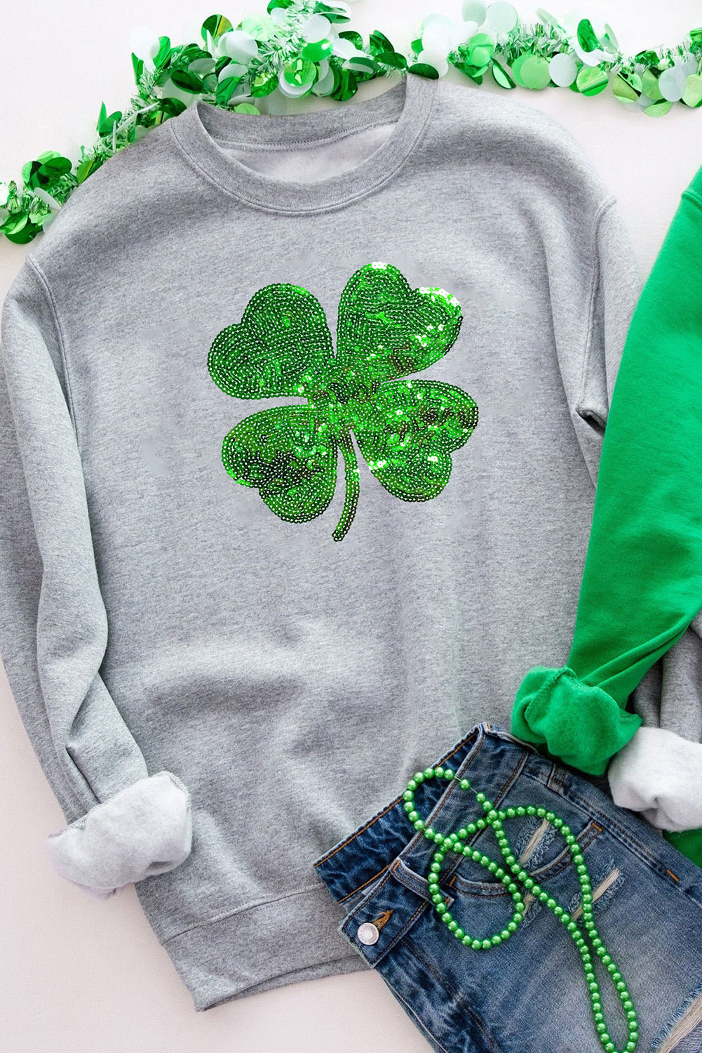 Gray Sequined Clover Patch St Patrick Fashion Sweatshirt - loveforevers
