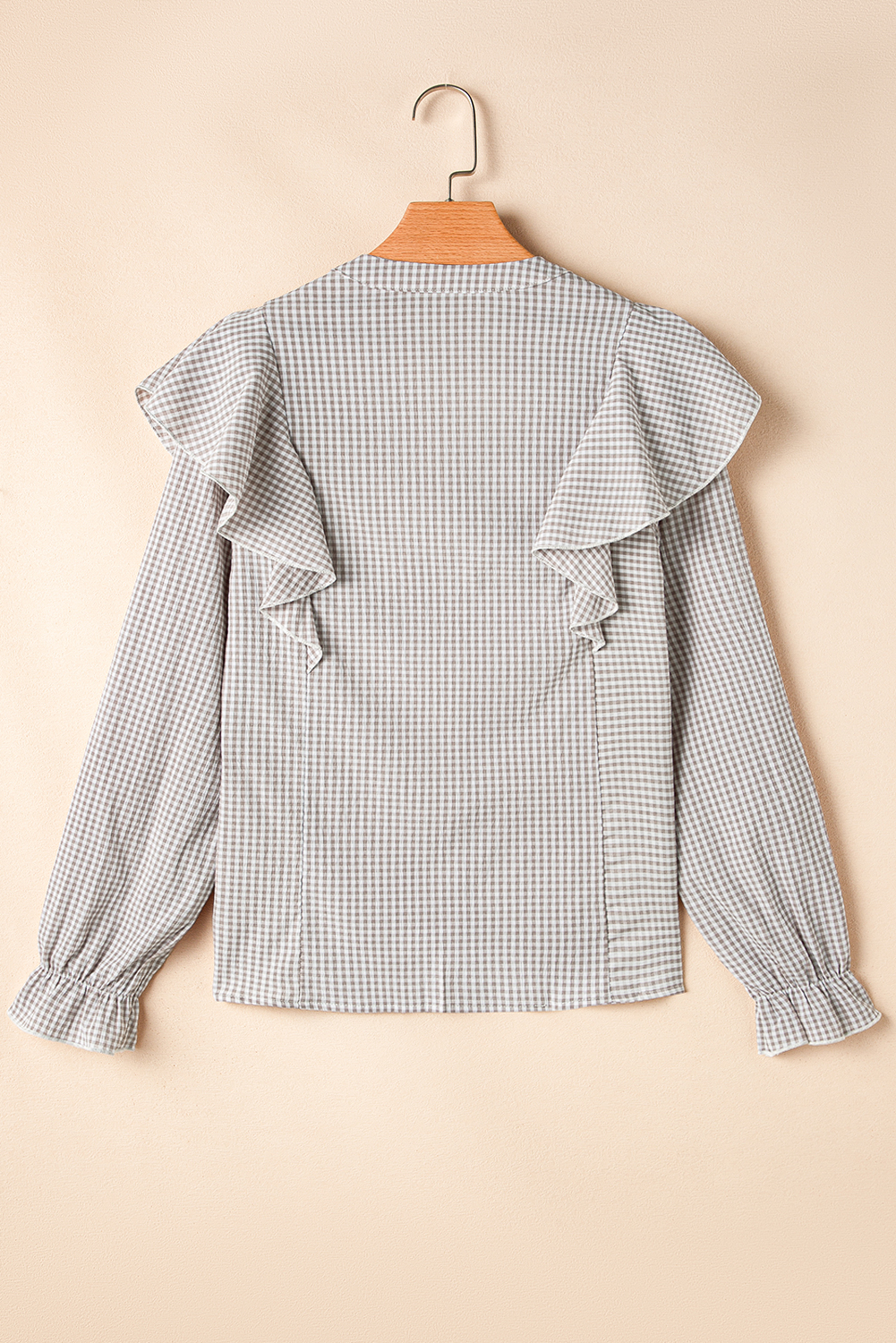 Brown Plaid Flounce Sleeve Notched Neck Ruffled Shirt - loveforevers
