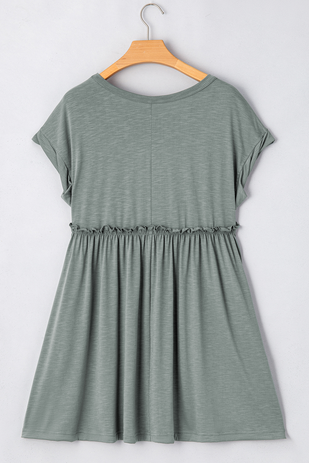 Mist Green Frilled Gathered Seam Round Neck T Shirt Dress - loveforevers