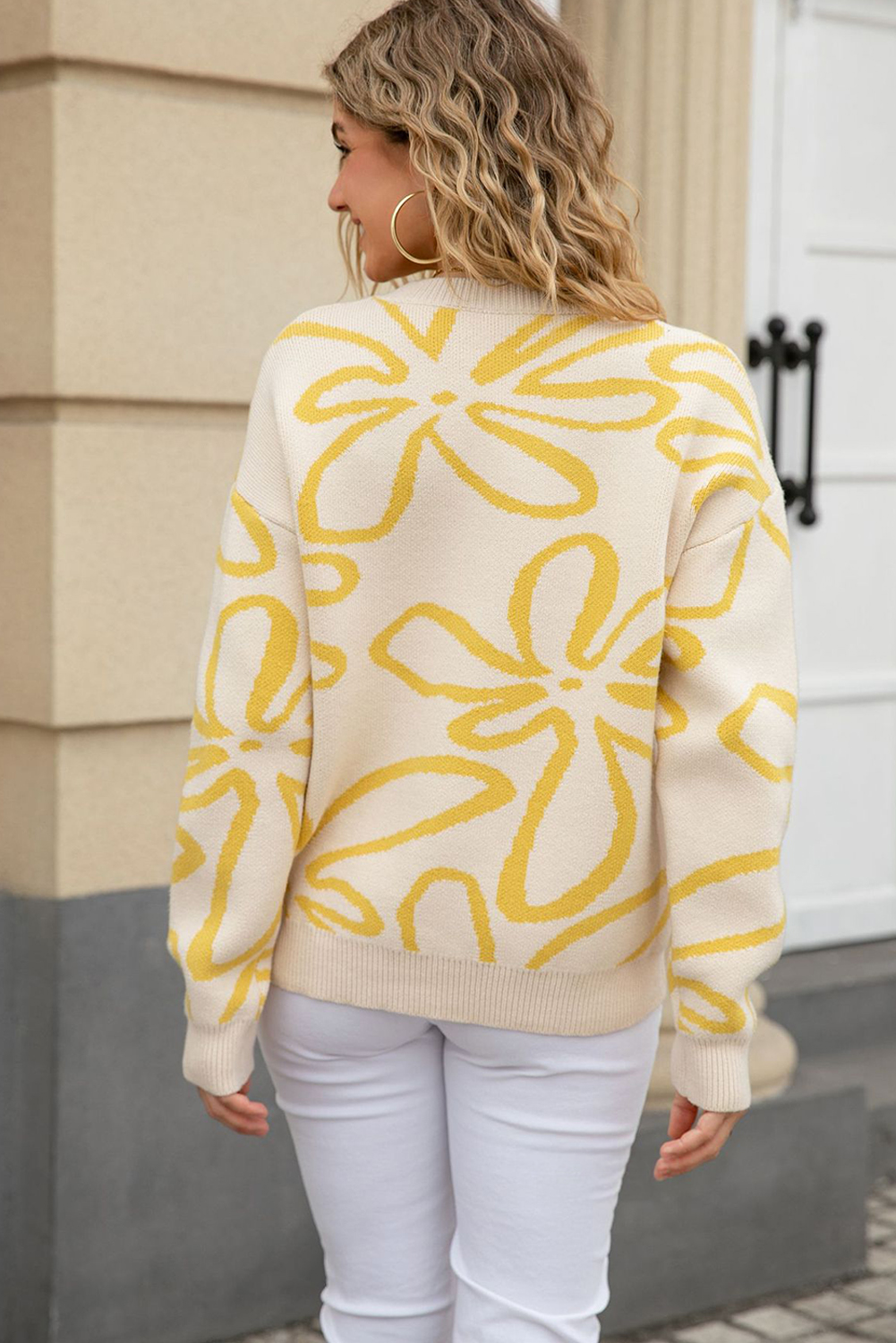 Apricot Flower Pattern Ribbed Crew Neck Drop Shoulder Knit Sweater - loveforevers
