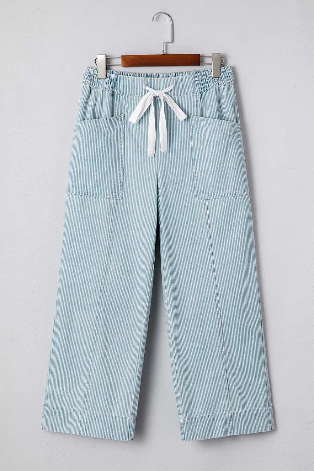 Sky Blue Stripe Mid Rise Drawstring Waist Jeans - loveforevers