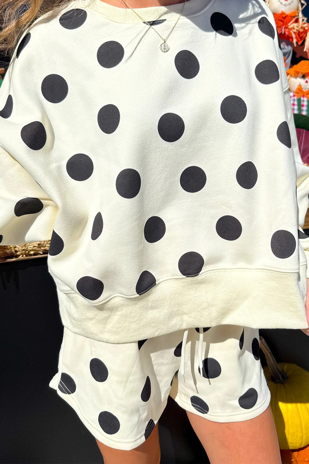 Beige Polka Dot Print Drop Shoulder Pullover Drawstring Jogger Pant Set - loveforevers