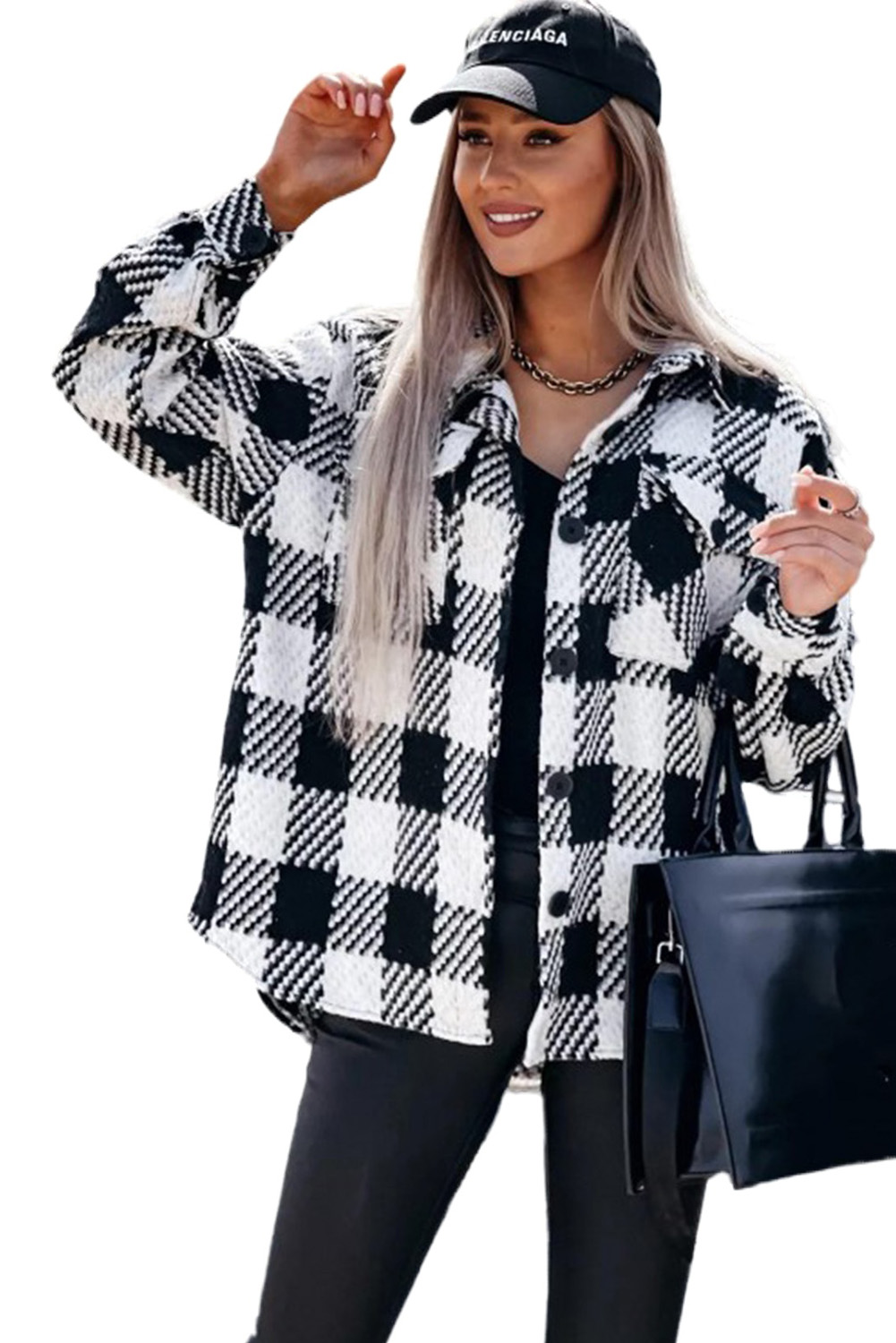 Black Plaid Textured Flap Pocket Shacket - loveforevers