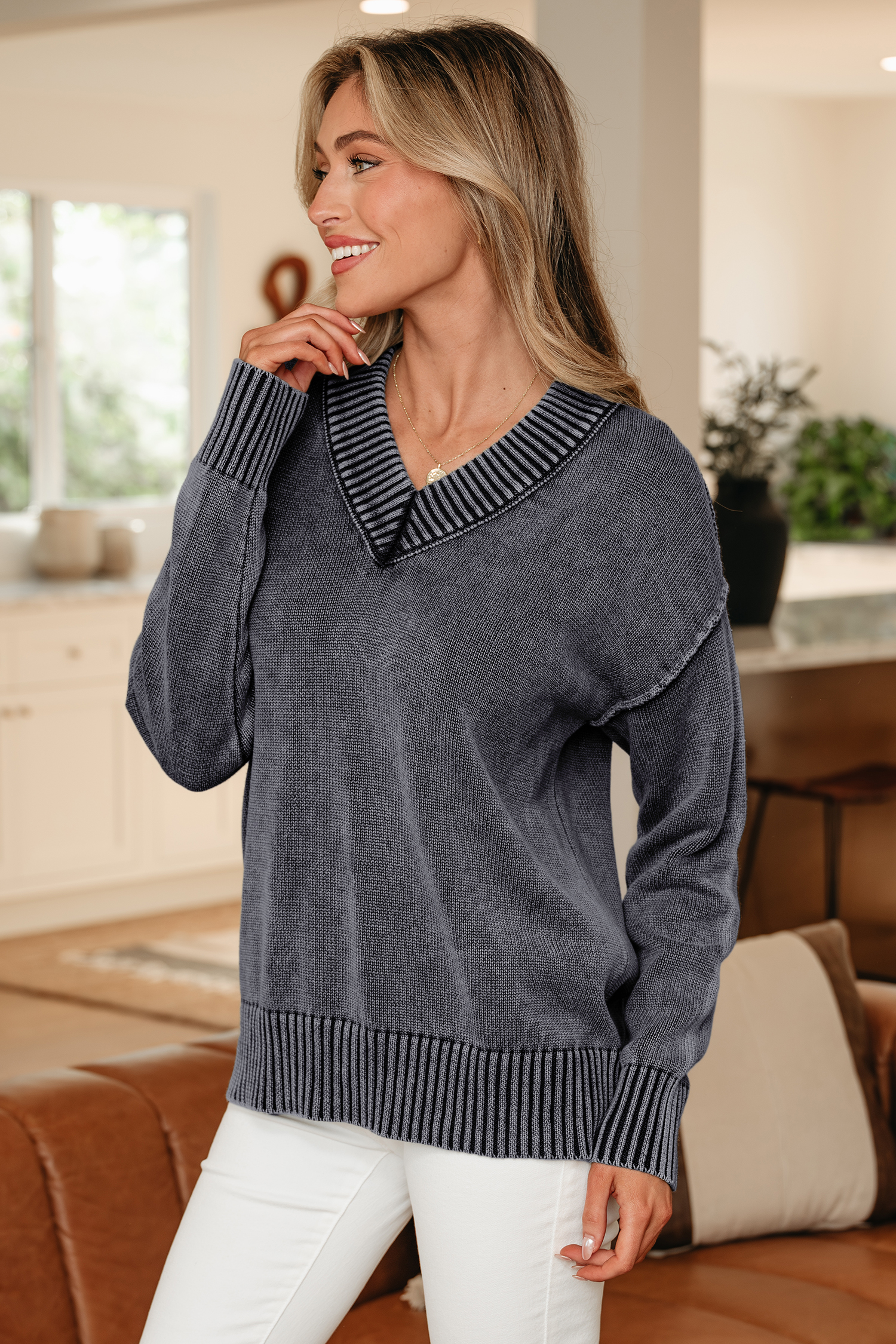 Four Leaf Clover Mineral Wash V Neck Knit Exposed Seam Drop Shoulder Loose Sweater - loveforevers