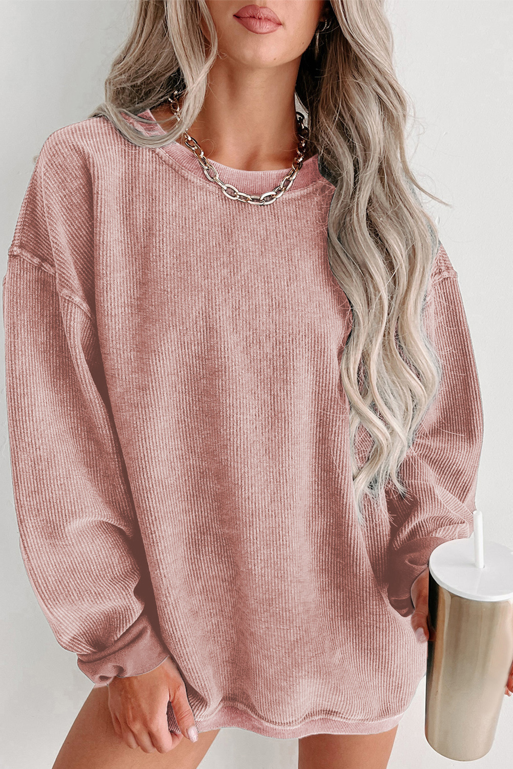 Pink Solid Ribbed Knit Round Neck Pullover Sweatshirt - loveforevers