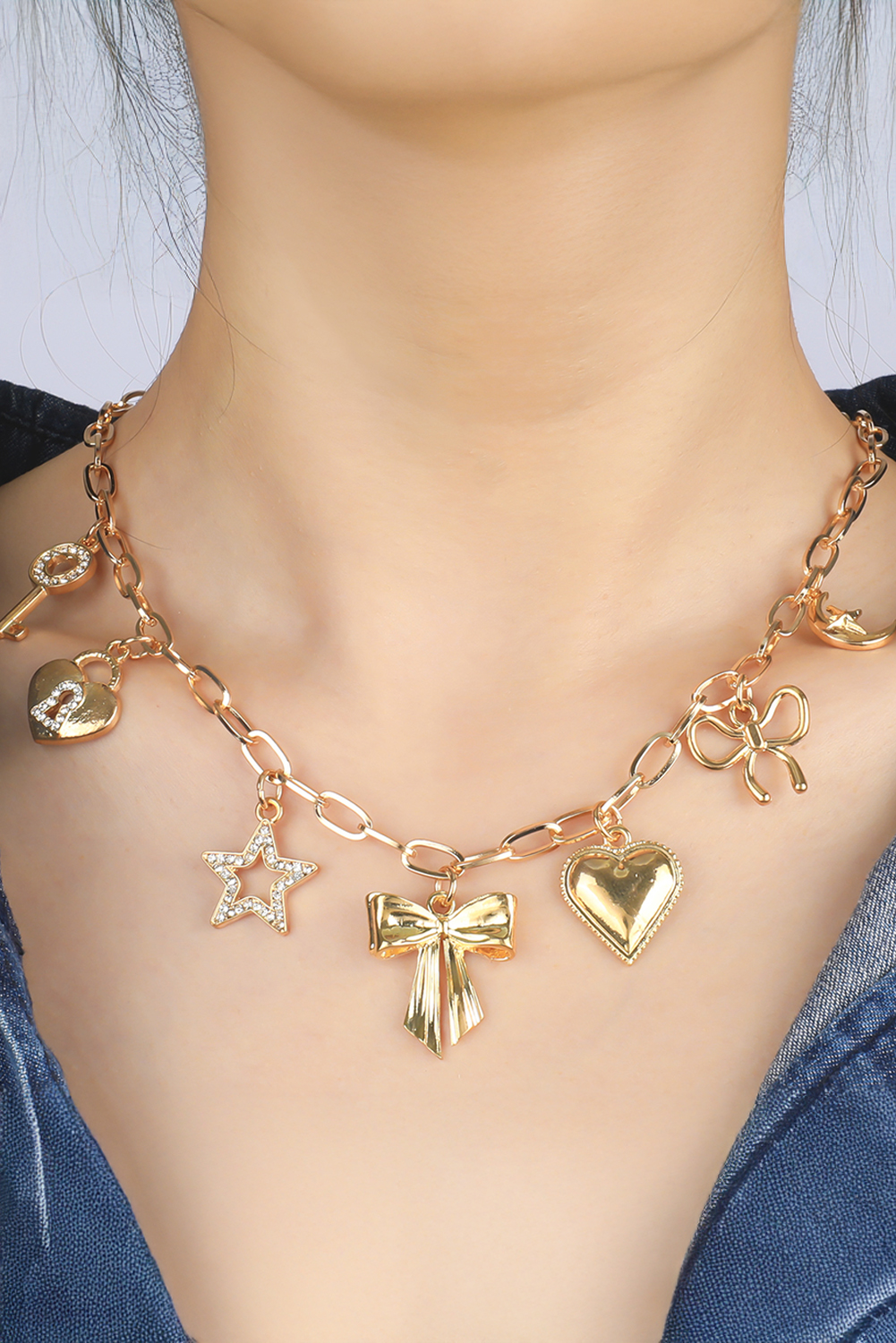 Gold Bow Heart Star Key Charm Alloy Adjustable Chain Necklace - loveforevers