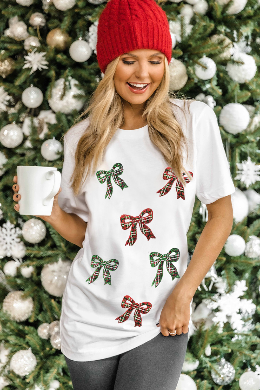 White Christmas Bowknot Graphic Cotton Blend T Shirt - loveforevers
