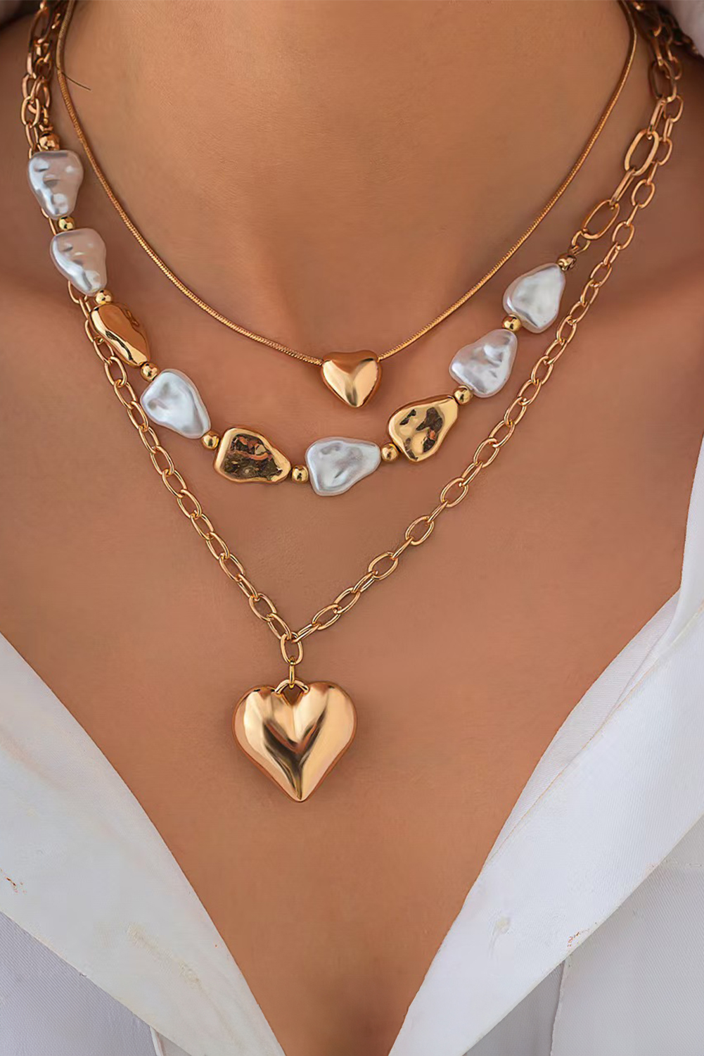 Gold Plated Layered Heart Pendant Irregular Pearl Layered Necklace - loveforevers