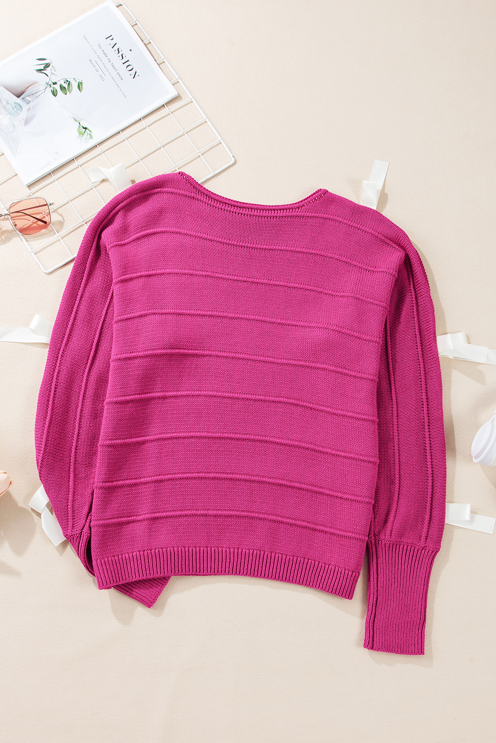 Rose Red Bow Knot Cut Out Round Neck Loose Sweater - loveforevers