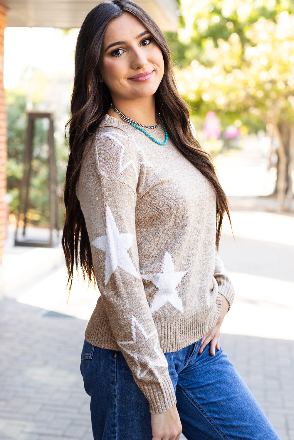 Khaki Star Pattern Drop Shoulder Sweater - loveforevers