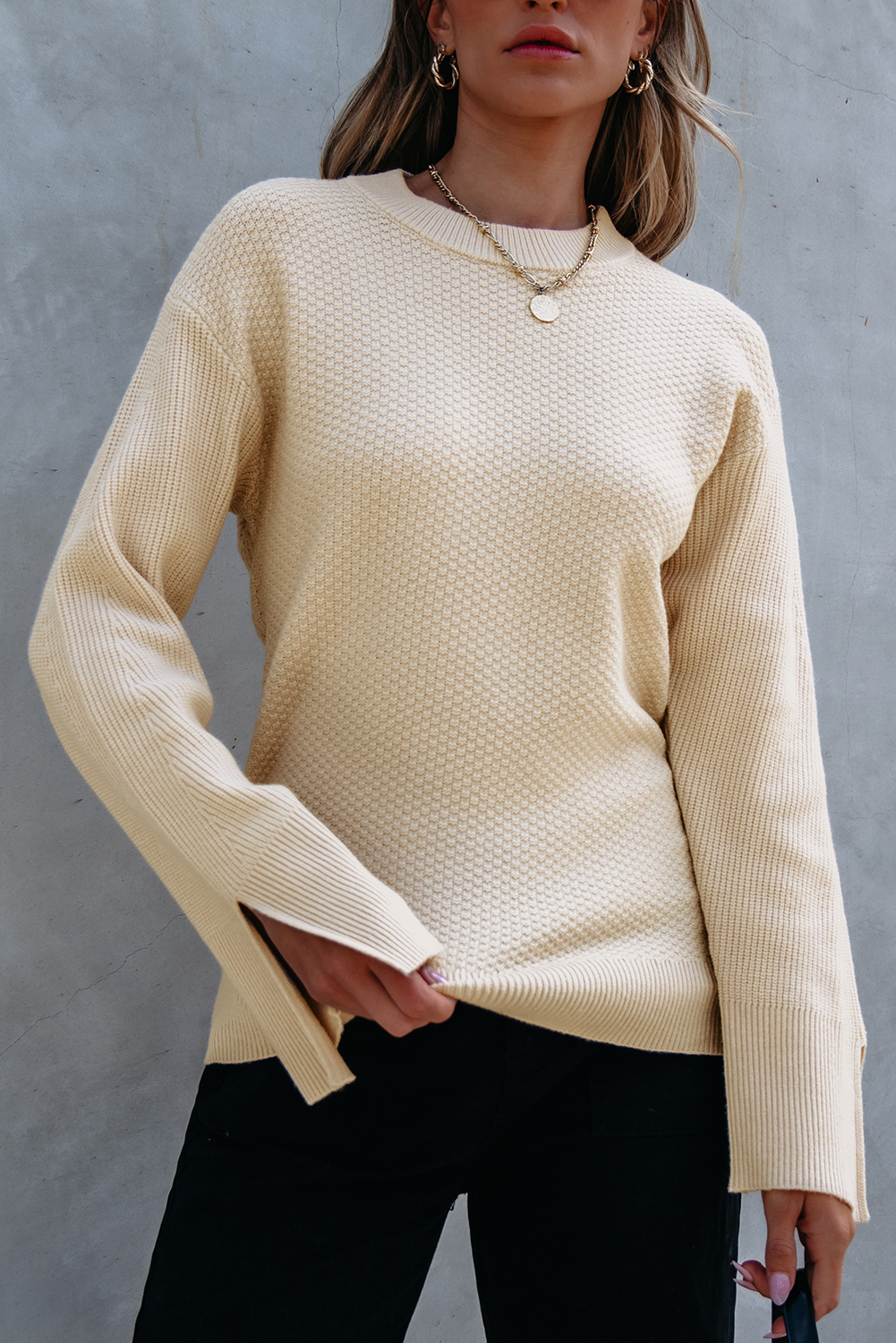 Parchment Solid Textured Knit Split Cuff Drop Shoulder Loose Sweater - loveforevers