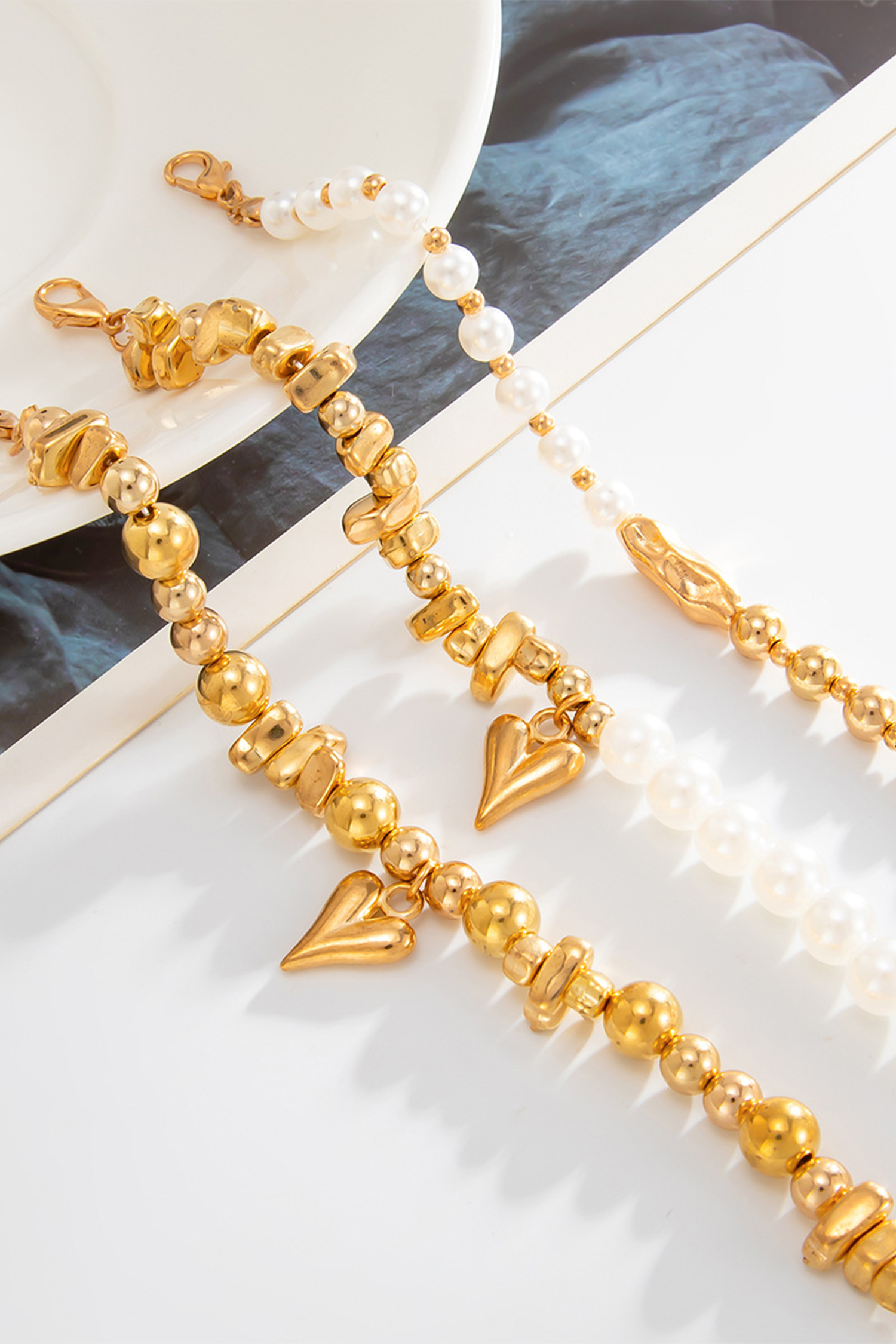 Gold 3pcs Irregular Beads Pearl Detail Bracelet Set - loveforevers