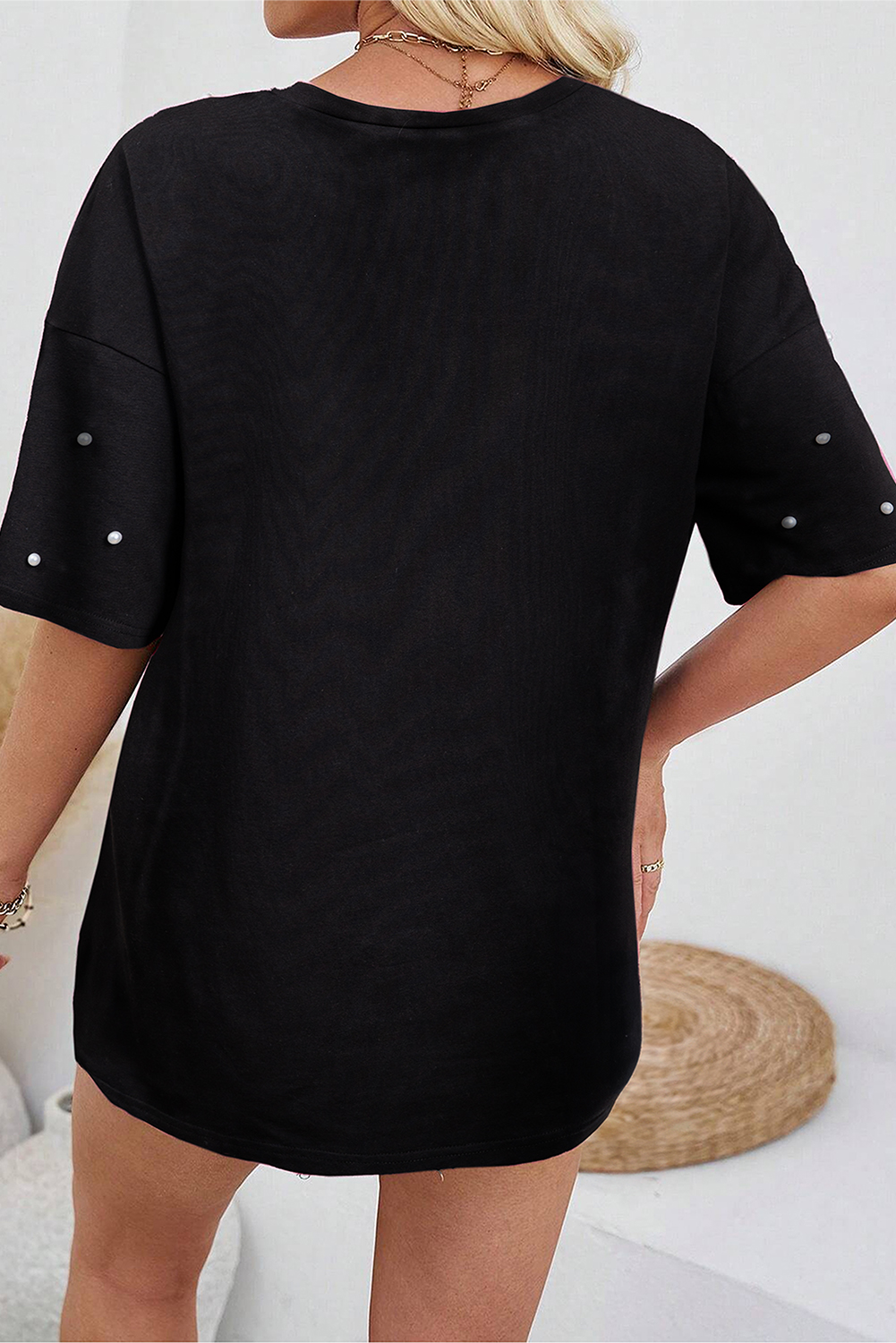 Black Pearl Beaded  Drop Shoulder Crewneck T Shirt - loveforevers