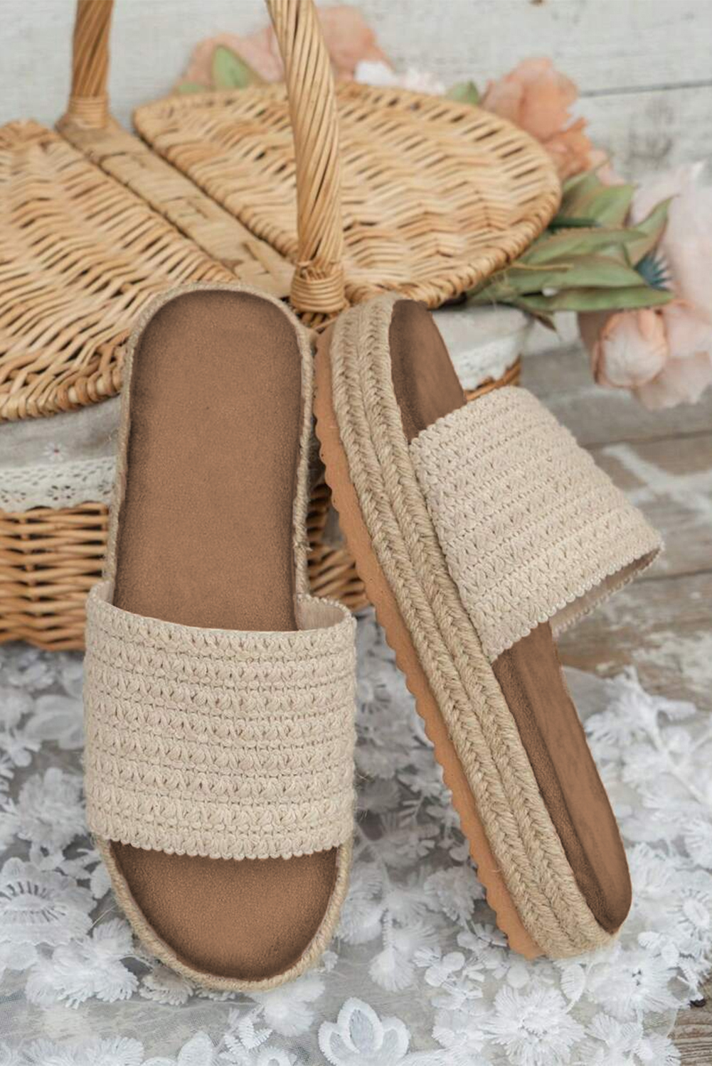 White Boho Woven Non-slip Wedge Slippers - loveforevers