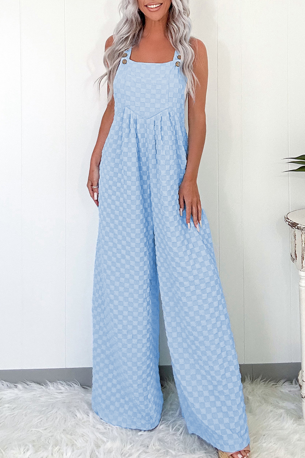 Beau Blue Checkered Pocketed High Waist Wide Leg Overall - loveforevers