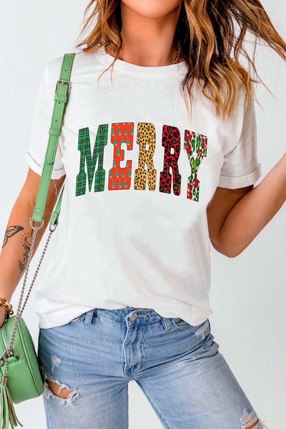 White Leopard Plaid Multi-pattern MERRY Letter Graphic Tee - loveforevers