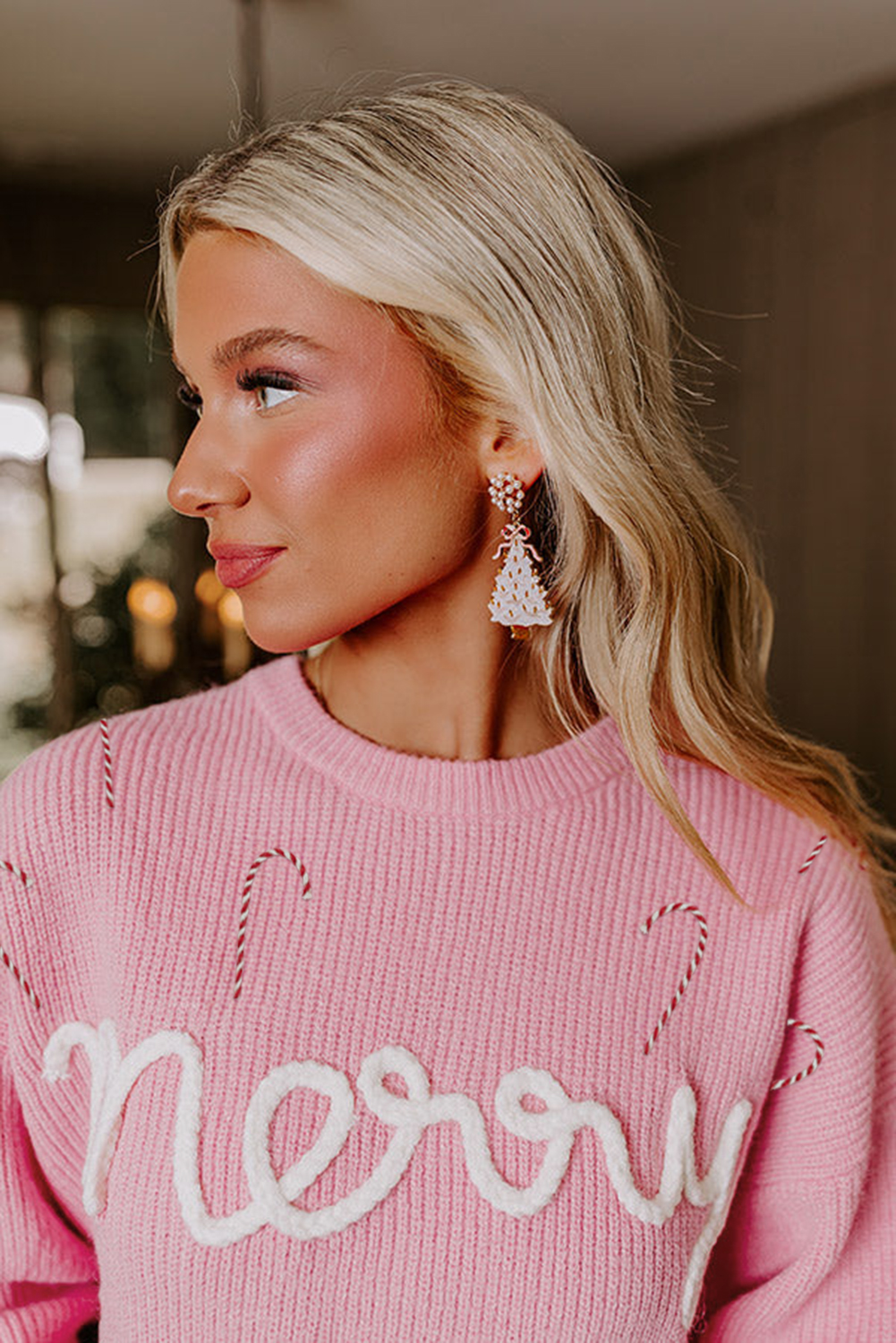 Pink Merry Candy Cane Puffy Knit Crew Neck Sweater - loveforevers
