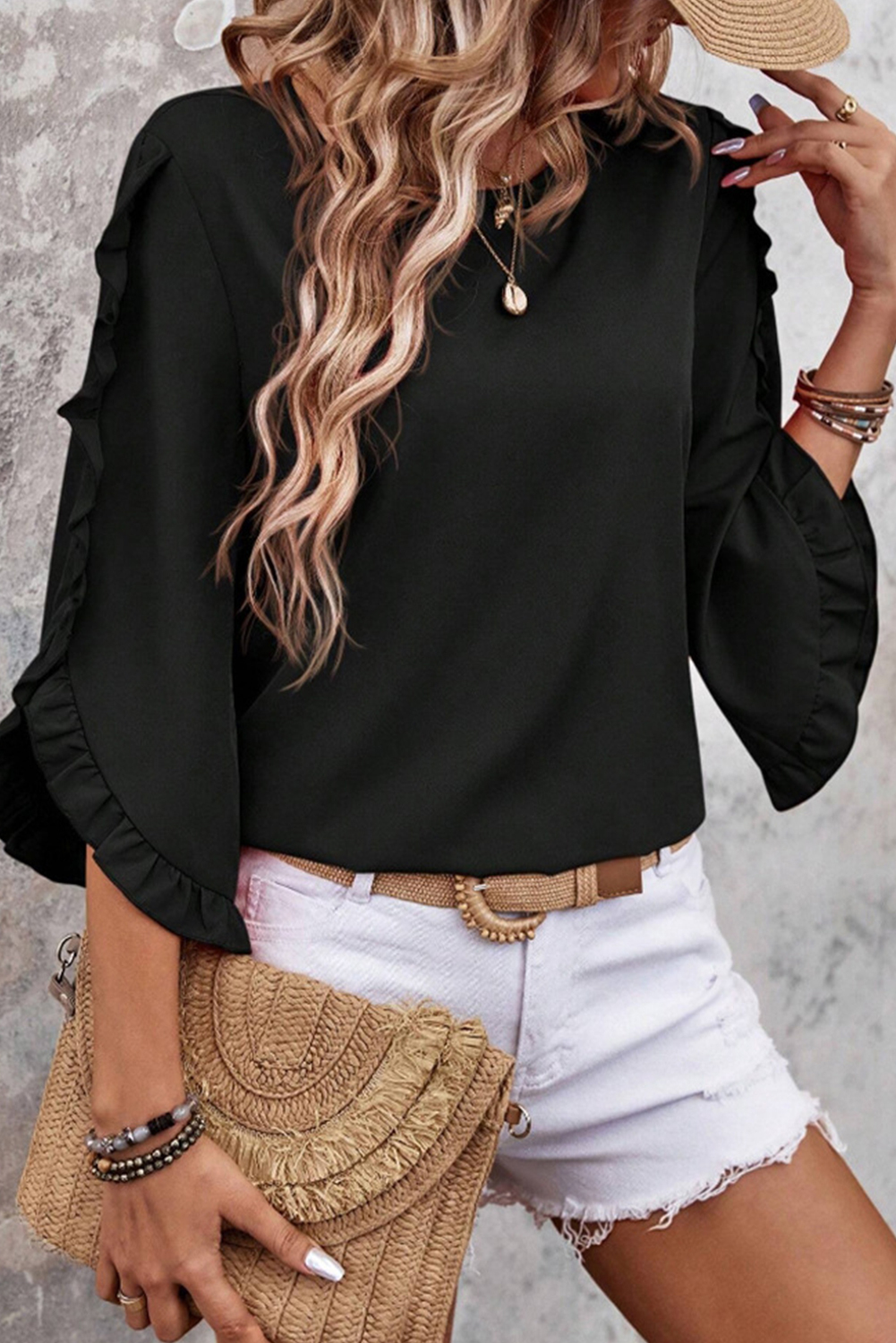 Black Ruffle Trimmed 3/4 Sleeve Round Neck Blouse - loveforevers