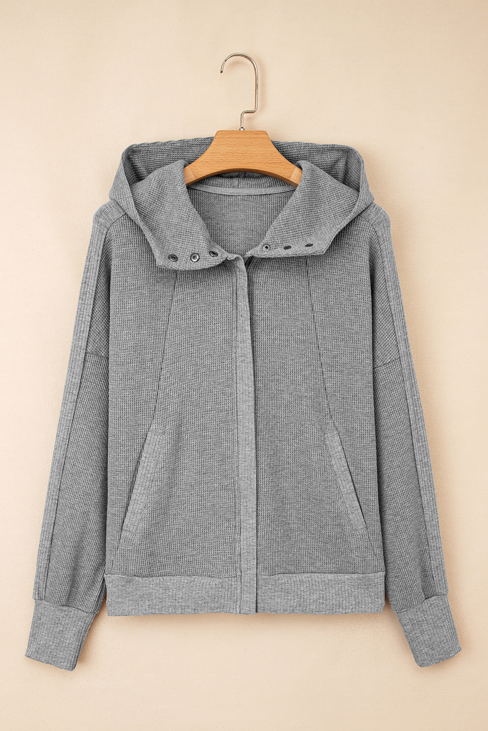 Burgundy Waffle Splicing Zip Up Front Button Hooded Jacket - loveforevers