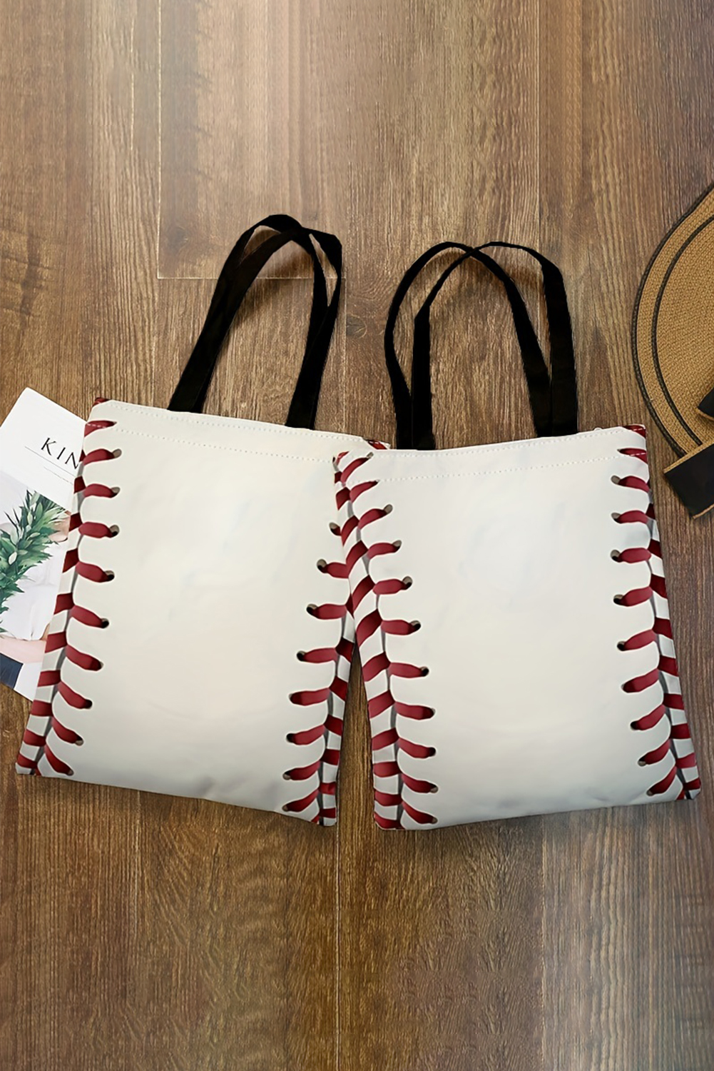 White Baseball Print Canvas Tote Bag - loveforevers